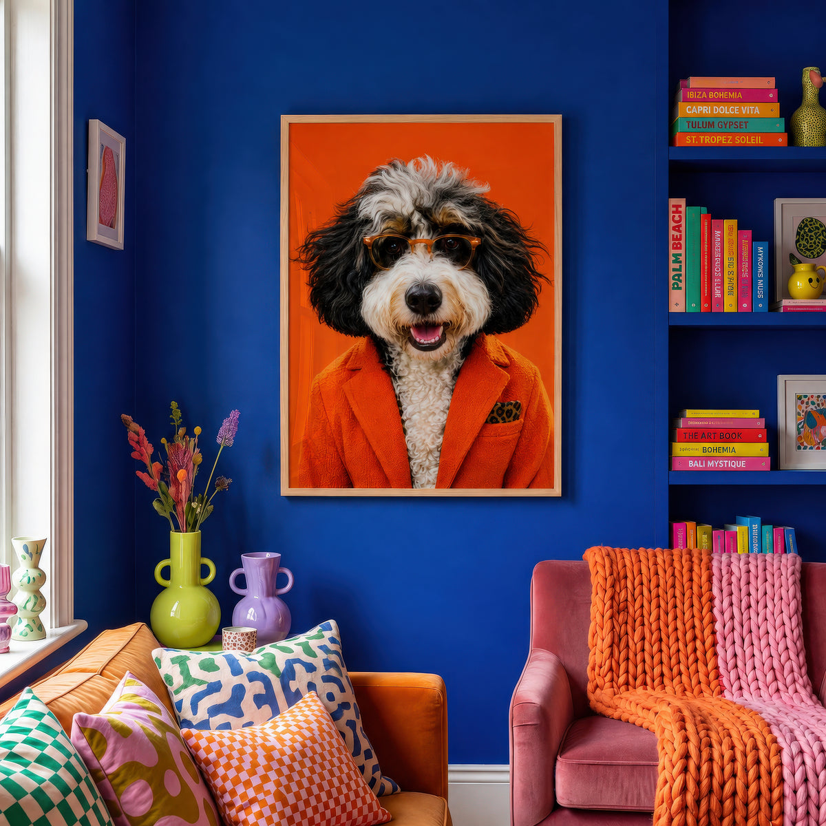 Framed artwork of a shaggy black and white dog wearing an orange suit against a bright orange background in a blue room