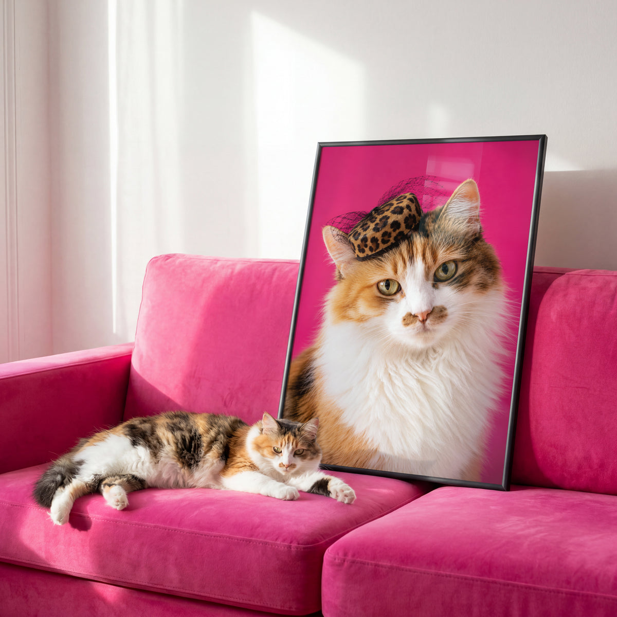 A calico cat lounges on a pink sofa beside a framed personalized pet art portrait of the same cat wearing a leopard print hat