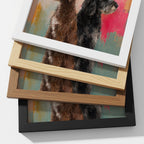 Layered framed custom pet portrait featuring a shaggy brown and black dog in expressive painterly personalized pet art