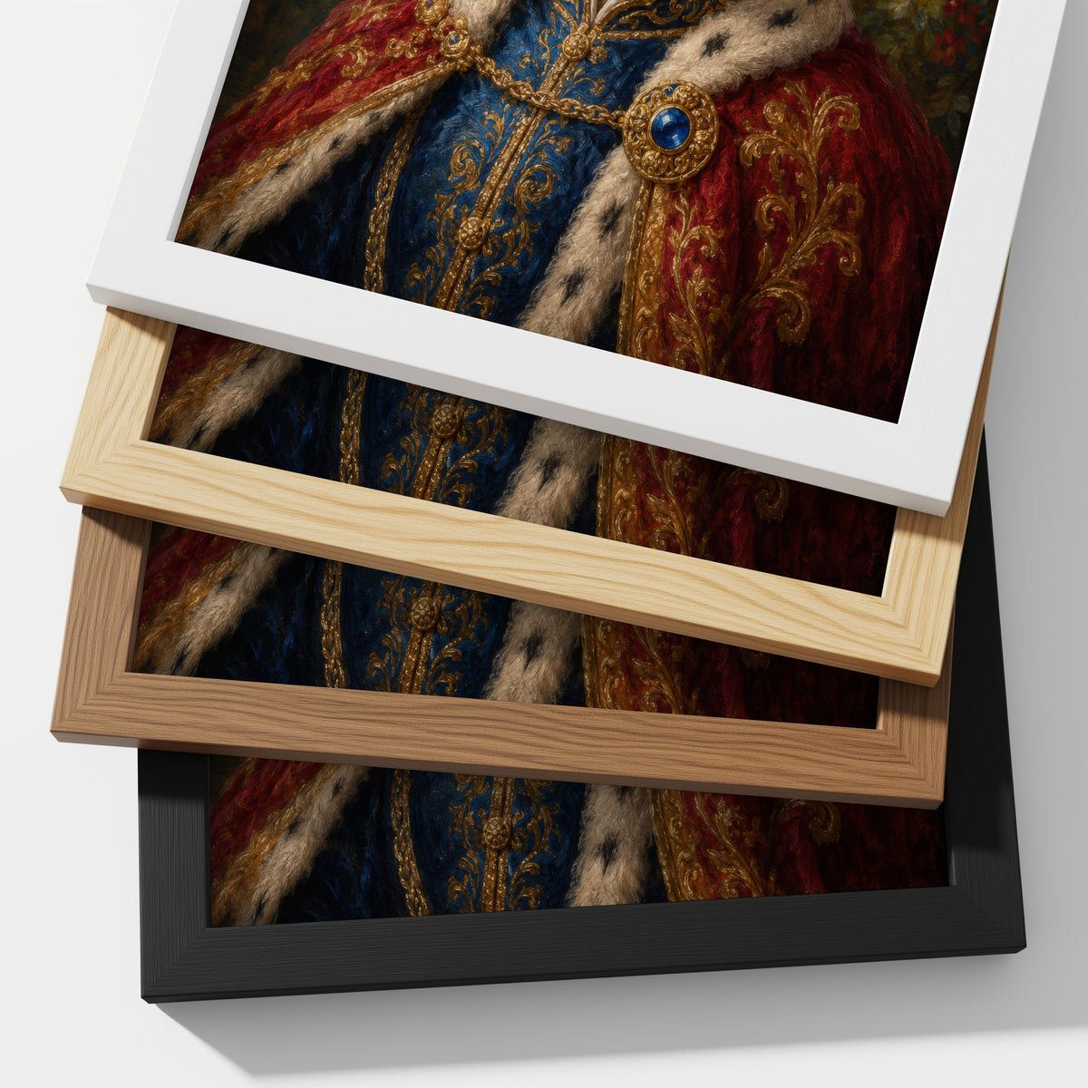 Stacked framed custom pet portrait artwork with ornate blue and red classical attire and gilded detailing