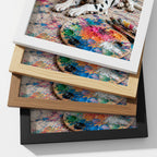Layered framed custom pet portrait of a Dalmatian with a colorful artist palette and personalized pet art inspired by painting