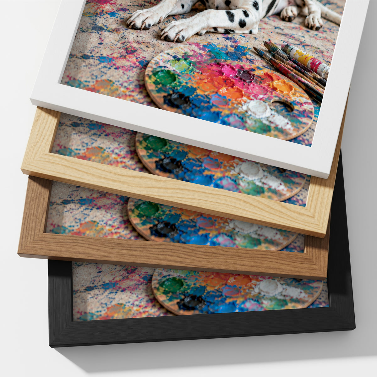 Layered framed custom pet portrait of a Dalmatian with a colorful artist palette and personalized pet art inspired by painting