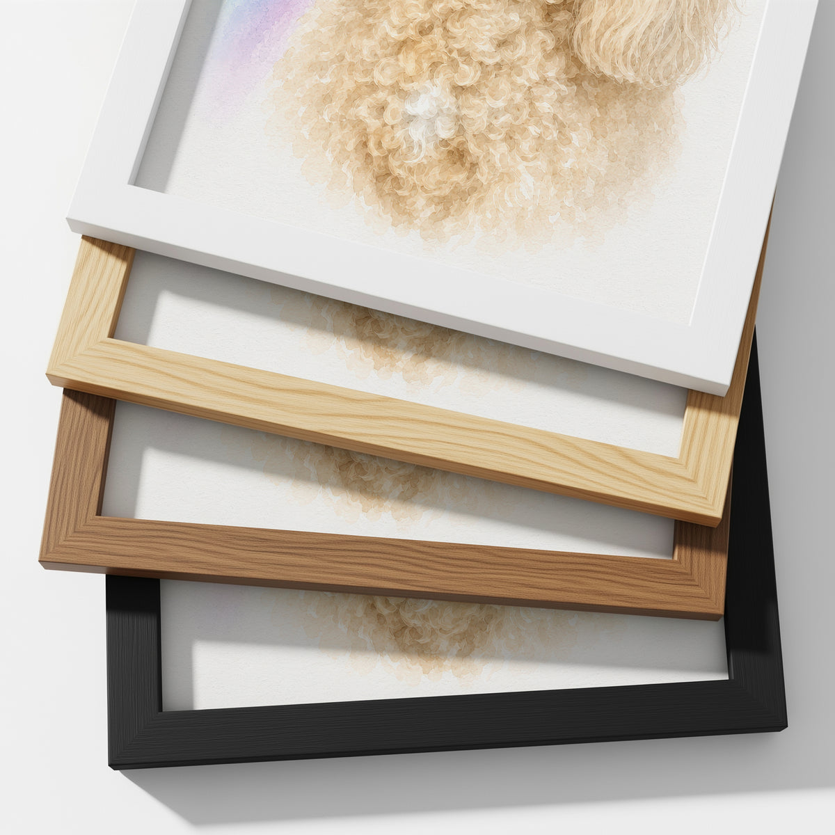 Framed custom pet portrait of a curly coated dog with layered natural wood and black frames showcasing personalized pet art