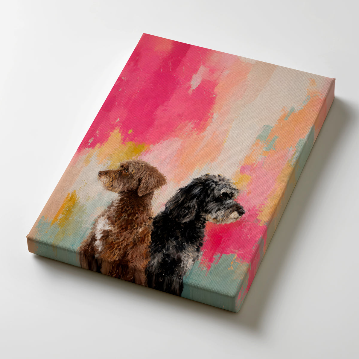 Custom pet portrait of two dogs in profile on a colorful painterly canvas with expressive texture and personalized pet art style