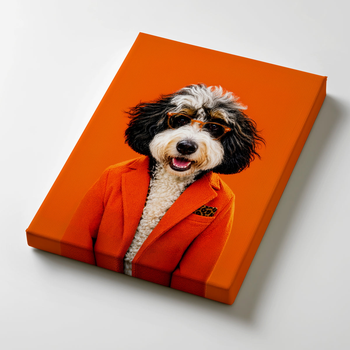 Smiling curly haired dog wearing an orange blazer and sunglasses in stylish personalized pet artwork