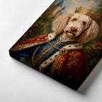 Custom pet portrait of a curly haired dog dressed as a crowned medieval king in ornate blue and red royal robes