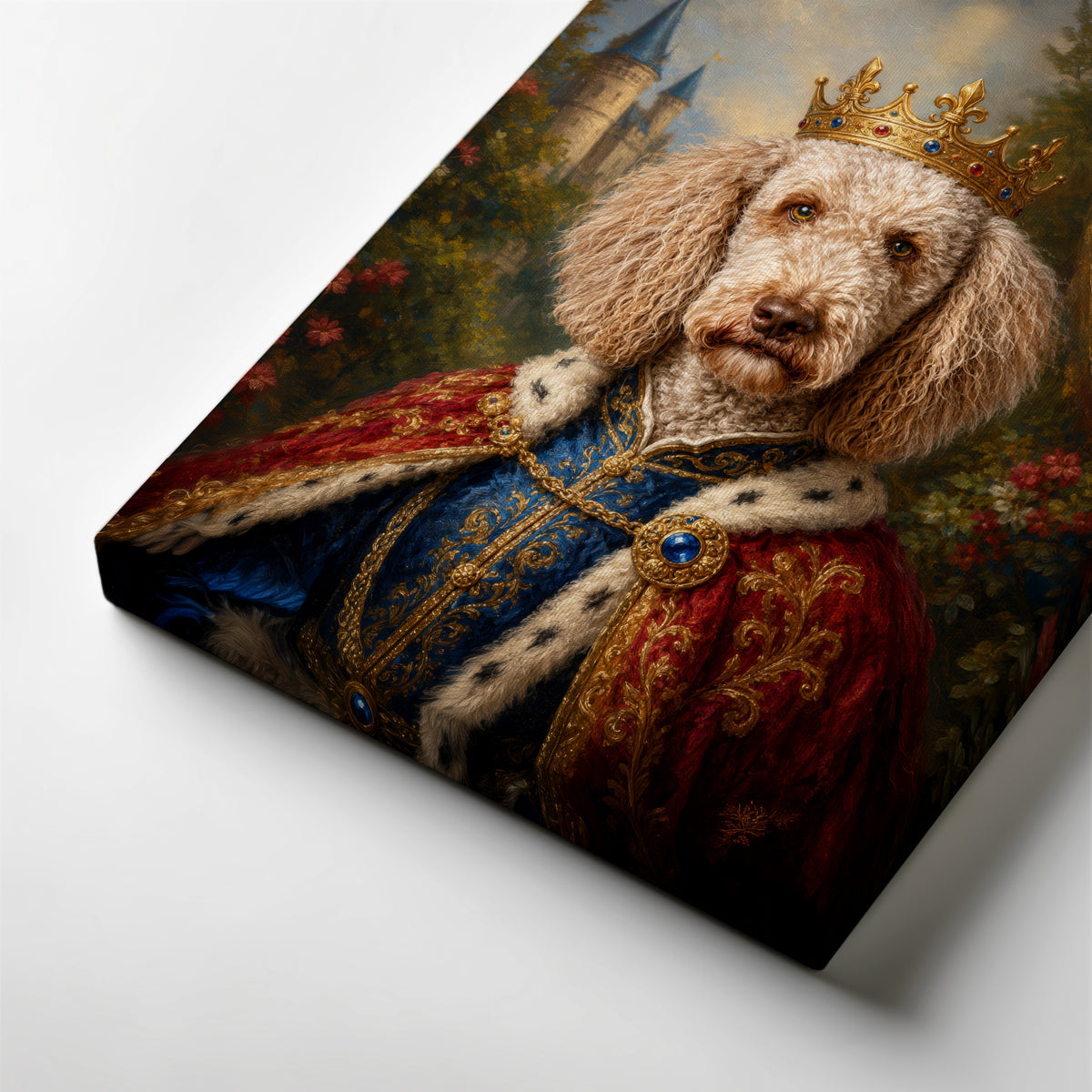 Custom pet portrait of a curly haired dog dressed as a crowned medieval king in ornate blue and red royal robes