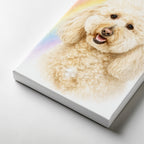 Illustrative custom pet portrait of a smiling cream curly dog on canvas with a soft pastel background