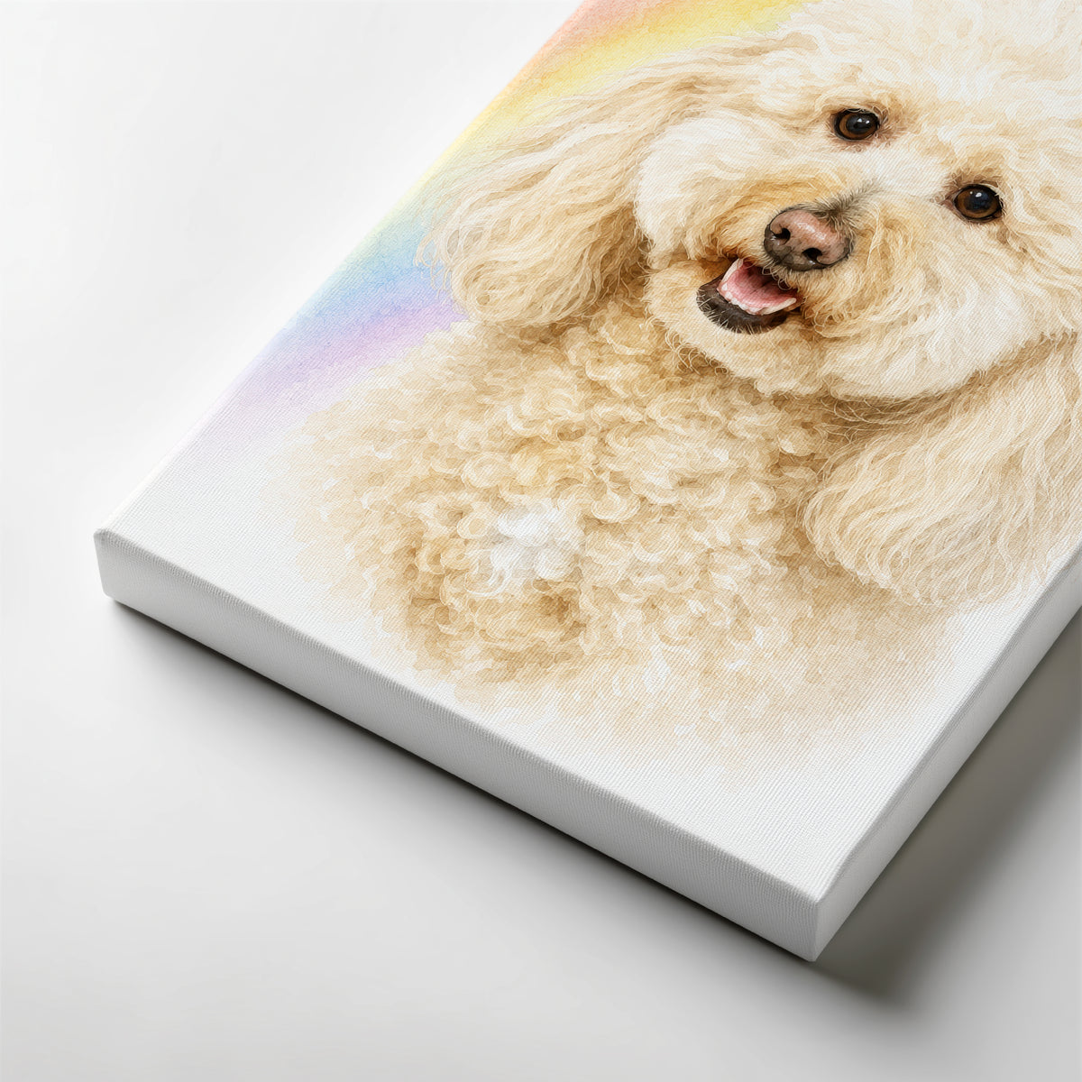 Illustrative custom pet portrait of a smiling cream curly dog on canvas with a soft pastel background