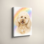 Illustrative custom pet portrait of a smiling cream curly haired dog on a pastel rainbow background personalized pet art