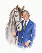 The Haute Horse custom pet portrait of a gray horse beside a smiling man in a blue jacket