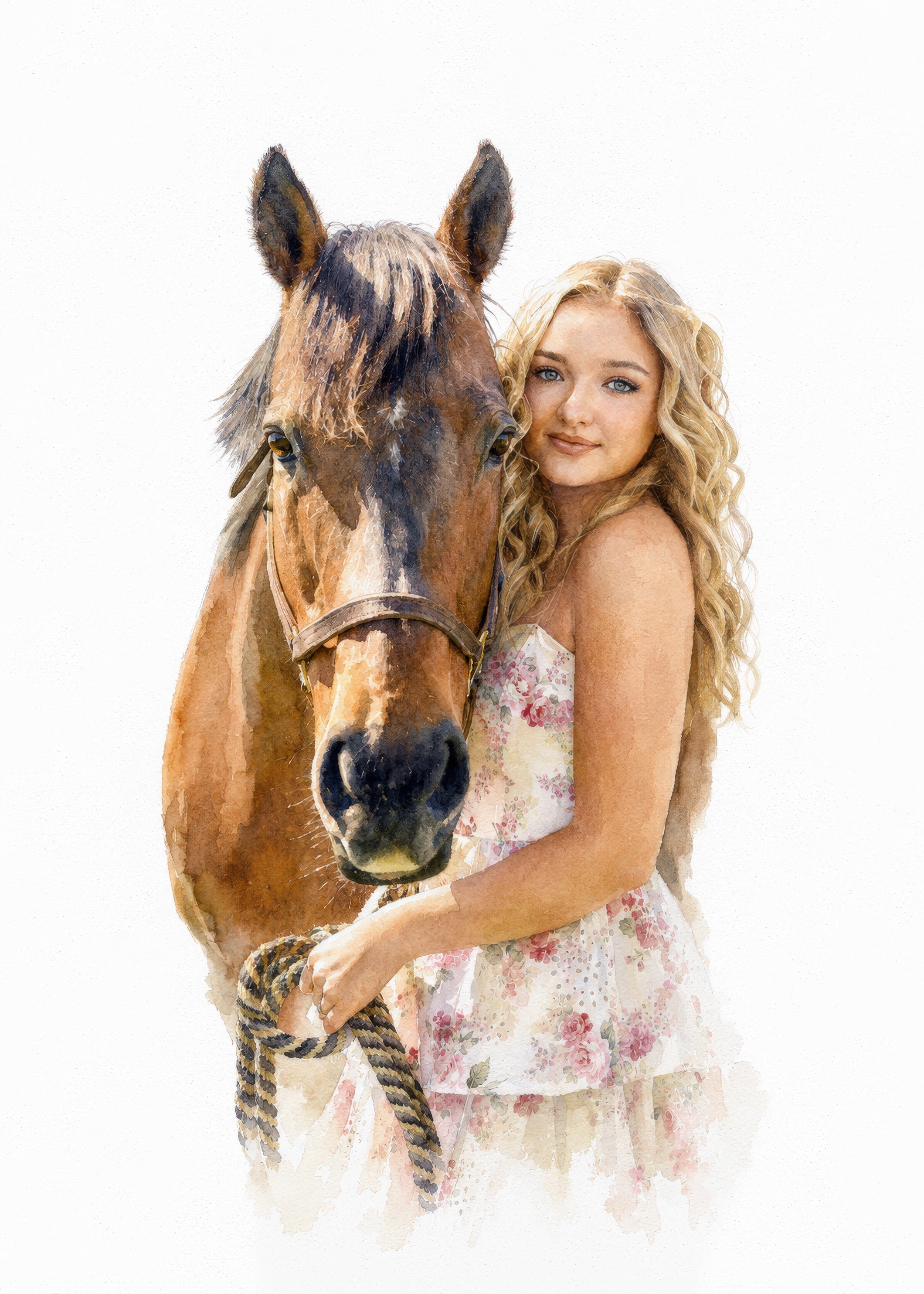 Illustrative custom equine portrait of a brown horse beside a smiling woman in a floral dress from The Haute Horse collection