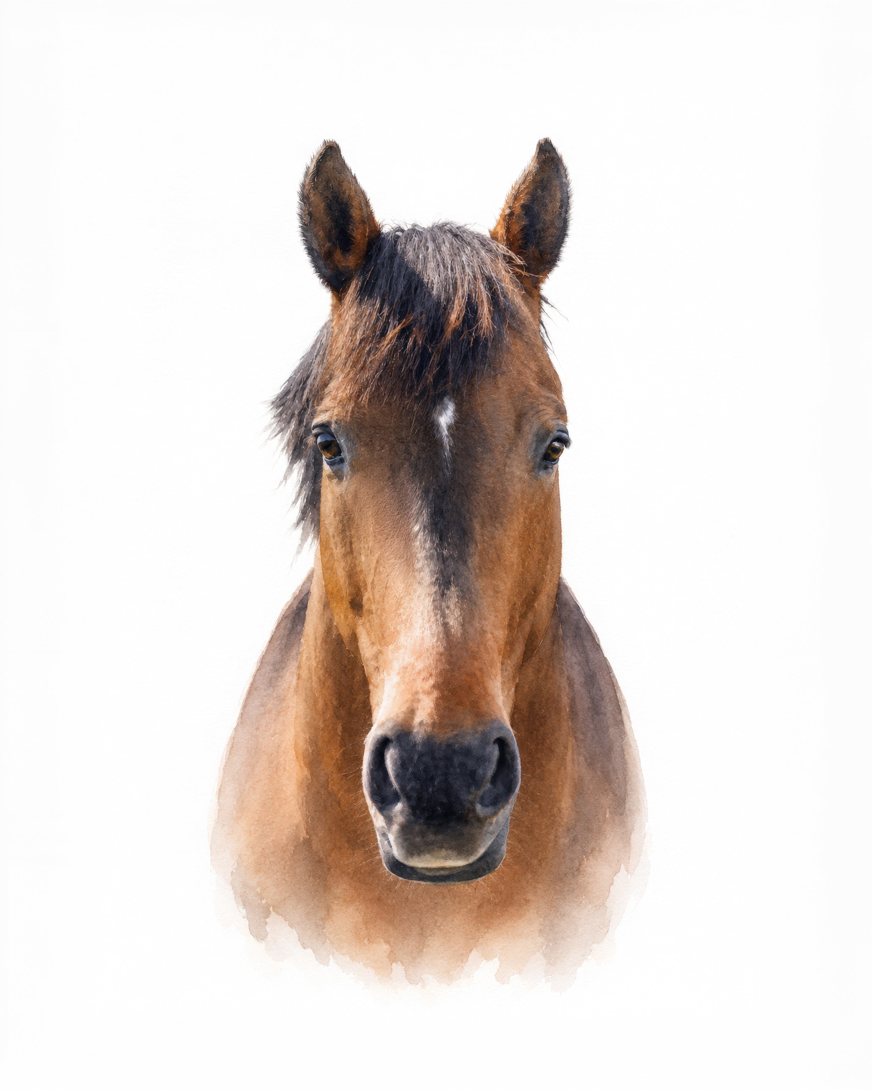 Watercolor painting of a brown horse head on a white background.