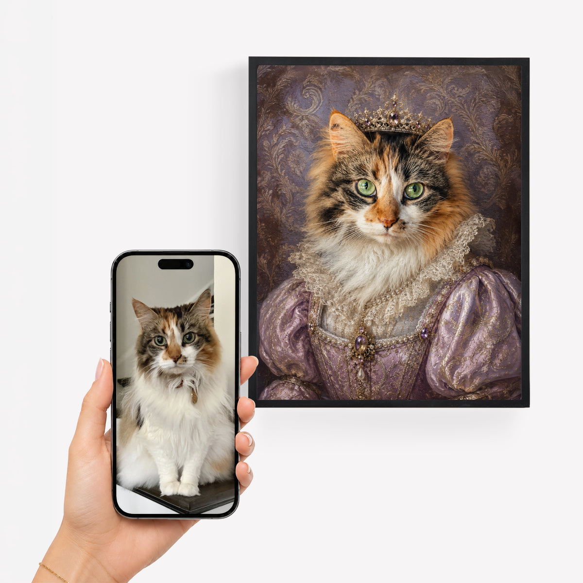 Fluffy cat photo beside a classical custom pet portrait showing the same cat in an ornate purple dress and jeweled crown