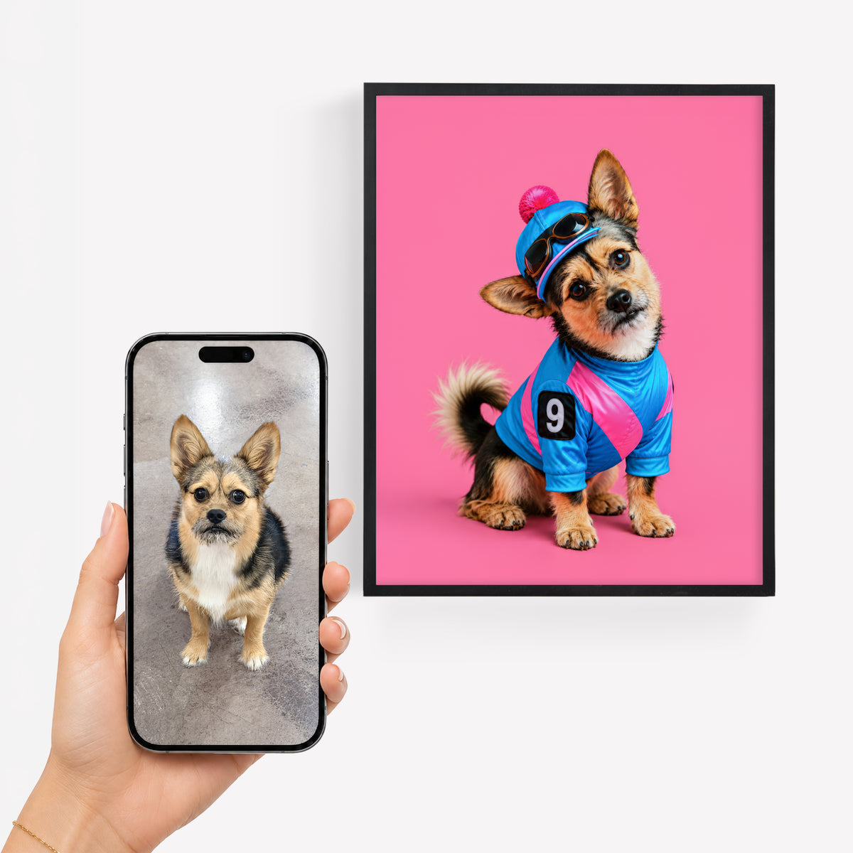 Phone photo of a small tan and black dog beside personalized pet art showing the dog in a colorful blue and pink sports outfit