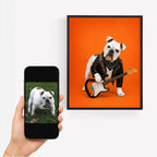 Custom pet portrait of a bulldog playing electric guitar in a black jacket beside a phone showing the original pet photo