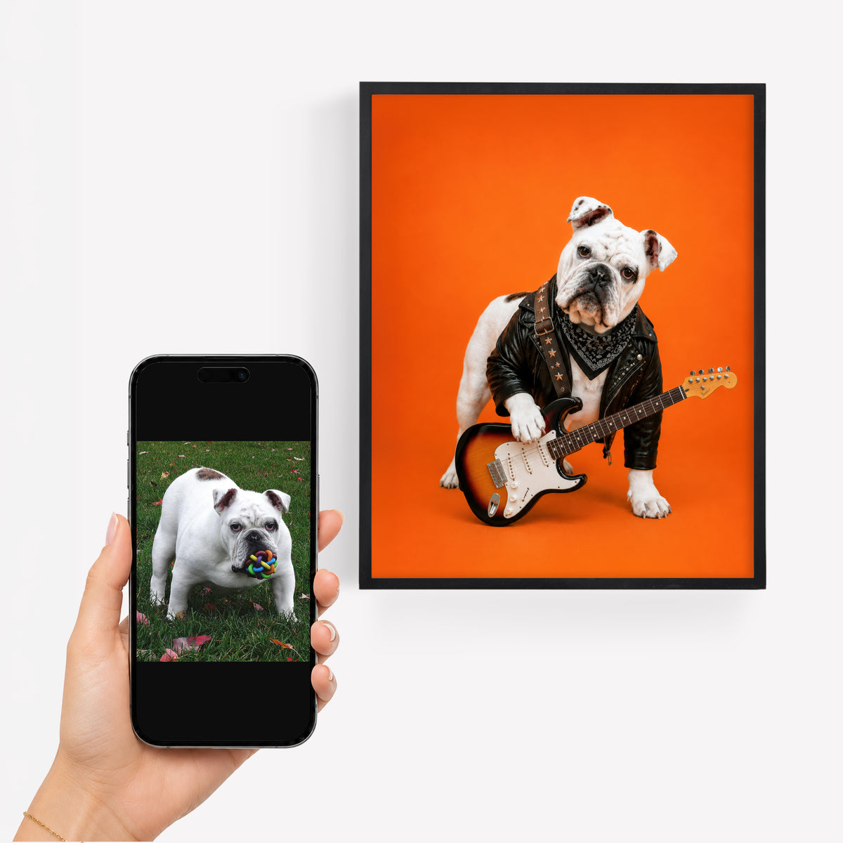 Custom pet portrait of a bulldog playing electric guitar in a black jacket beside a phone showing the original pet photo