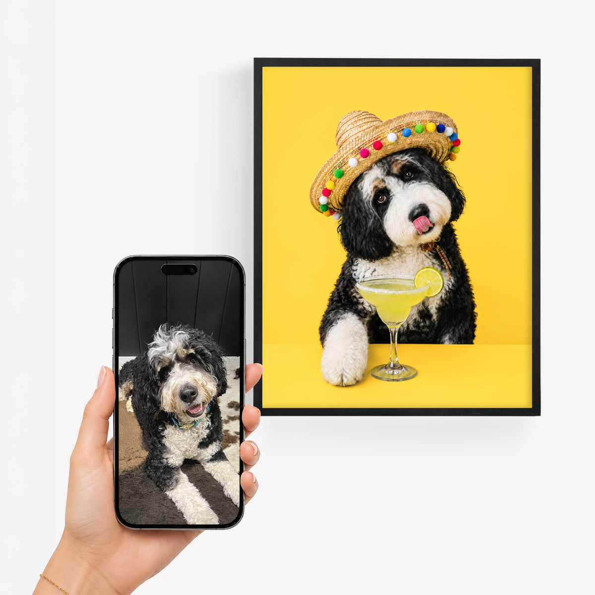 A framed pet portrait print showing a black-and-white dog wearing a colorful sombrero and sitting by a margarita, displayed next to a human hand holding a smartphone that shows the pet who's depicted in the artwork. 