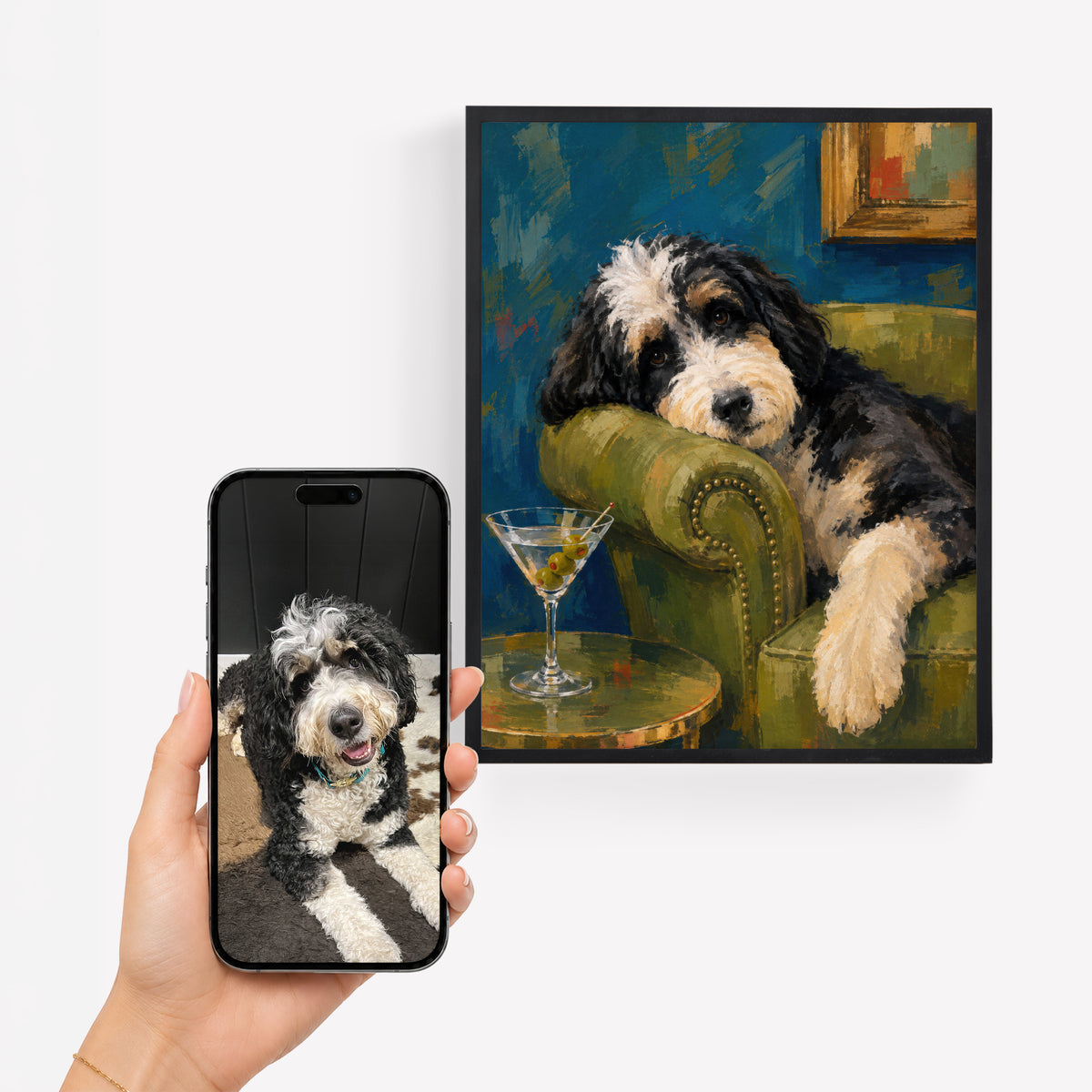 Phone photo of a black and white dog beside its painterly custom pet portrait relaxing in a green chair with a cocktail table