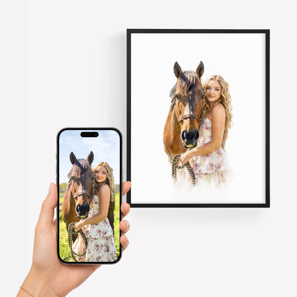 Custom equine portrait of a horse and young woman shown in framed artwork and on a smartphone personalized pet art