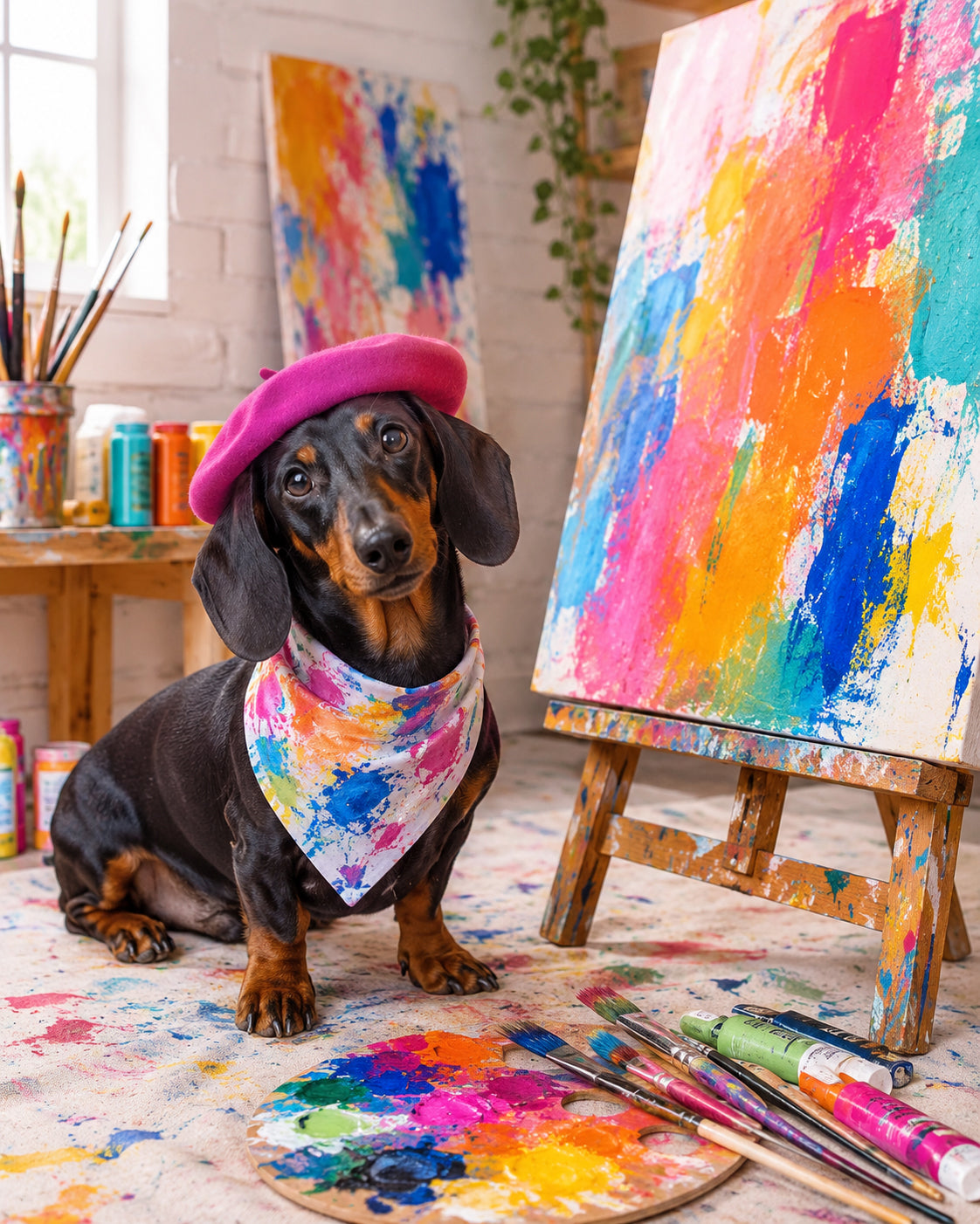 Dachshund wearing a pink beret and colorful bandana beside a vibrant abstract canvas in an artist studio personalized pet art
