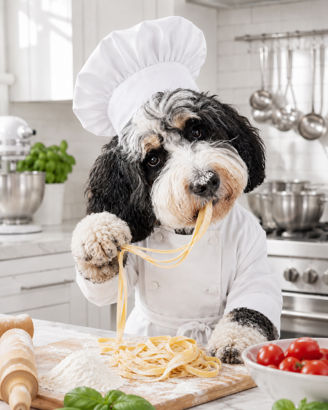 Custom pet portrait of a black and white dog in a chef hat preparing fresh pasta in a bright kitchen