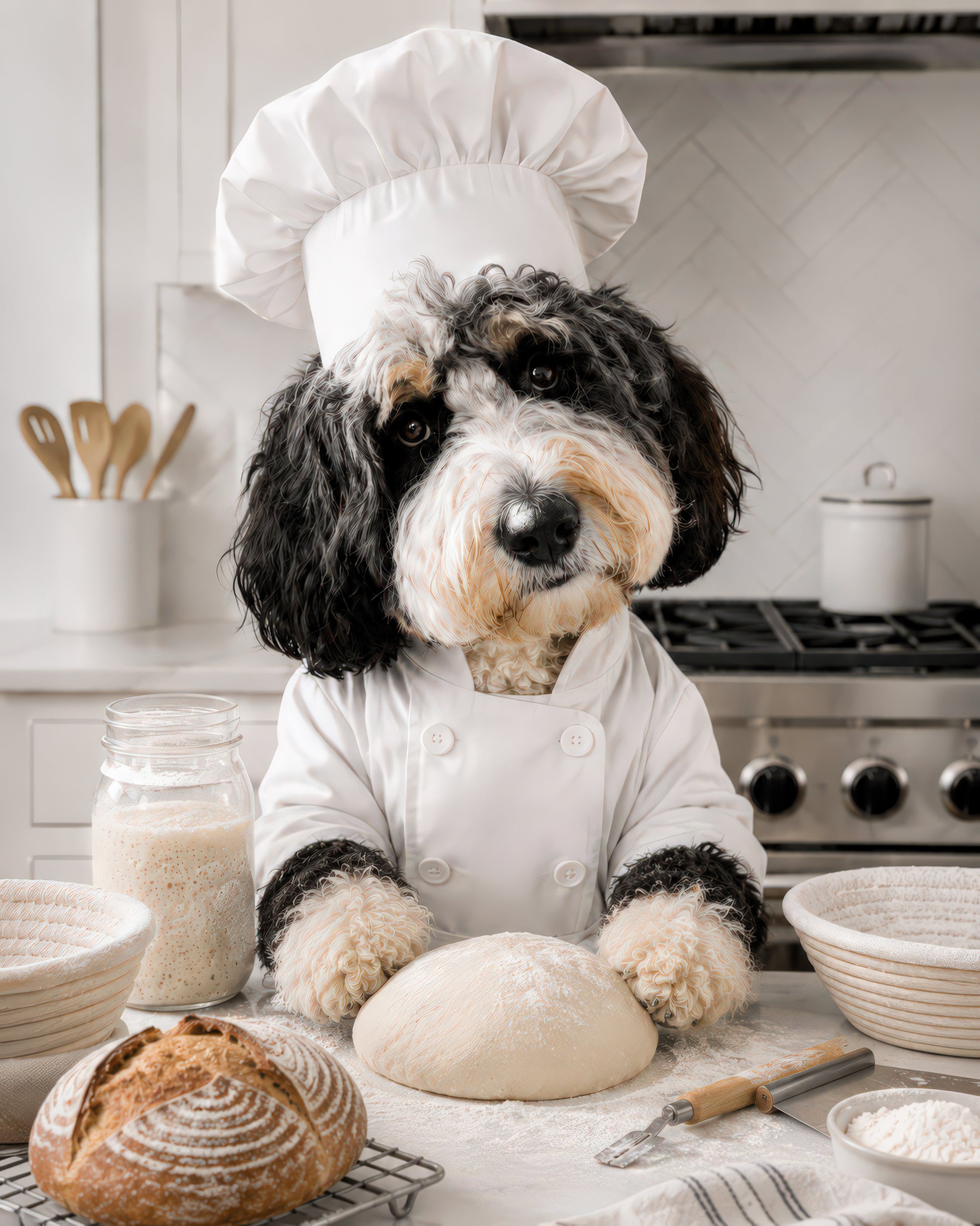 A black and cream dog wearing a white chef hat and chef coat stands behind a counter with flour, a loaf of bread, bowls, and kitchen items in a bright kitchen setting.