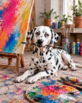 A Dalmatian dog lies on a paint-splattered floor in an art studio, holding a paintbrush in its mouth, with a colorful canvas on an easel and a multicolor paint palette in the foreground.