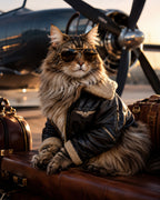 Custom pet portrait of a long haired cat wearing aviator sunglasses and a leather jacket beside a vintage airplane and luggage