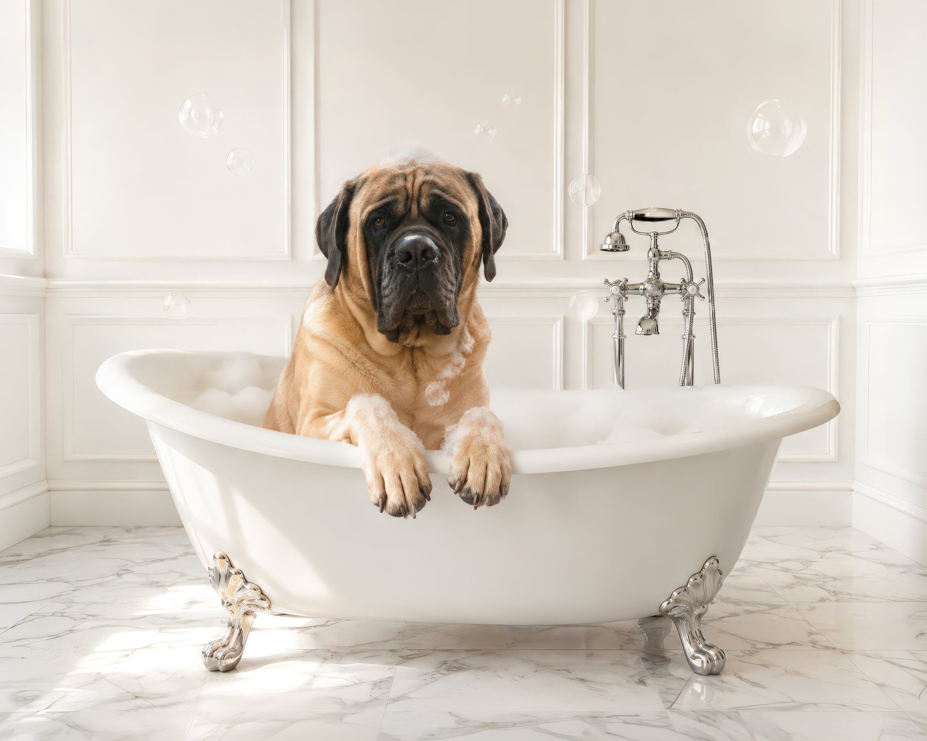 Custom pet portrait of a mastiff relaxing in a white clawfoot bathtub in a bright marble bathroom