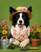 Black and white dog wearing a flowered sun hat and apron among potted flowers gardening tools and a watering can