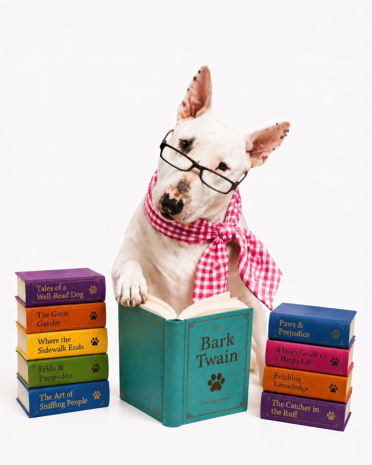 A white bull terrier dog wearing black glasses and a hot pink and white gingham scarf sits behind two stacks of books. The central open book reads 'Bark Twain'.