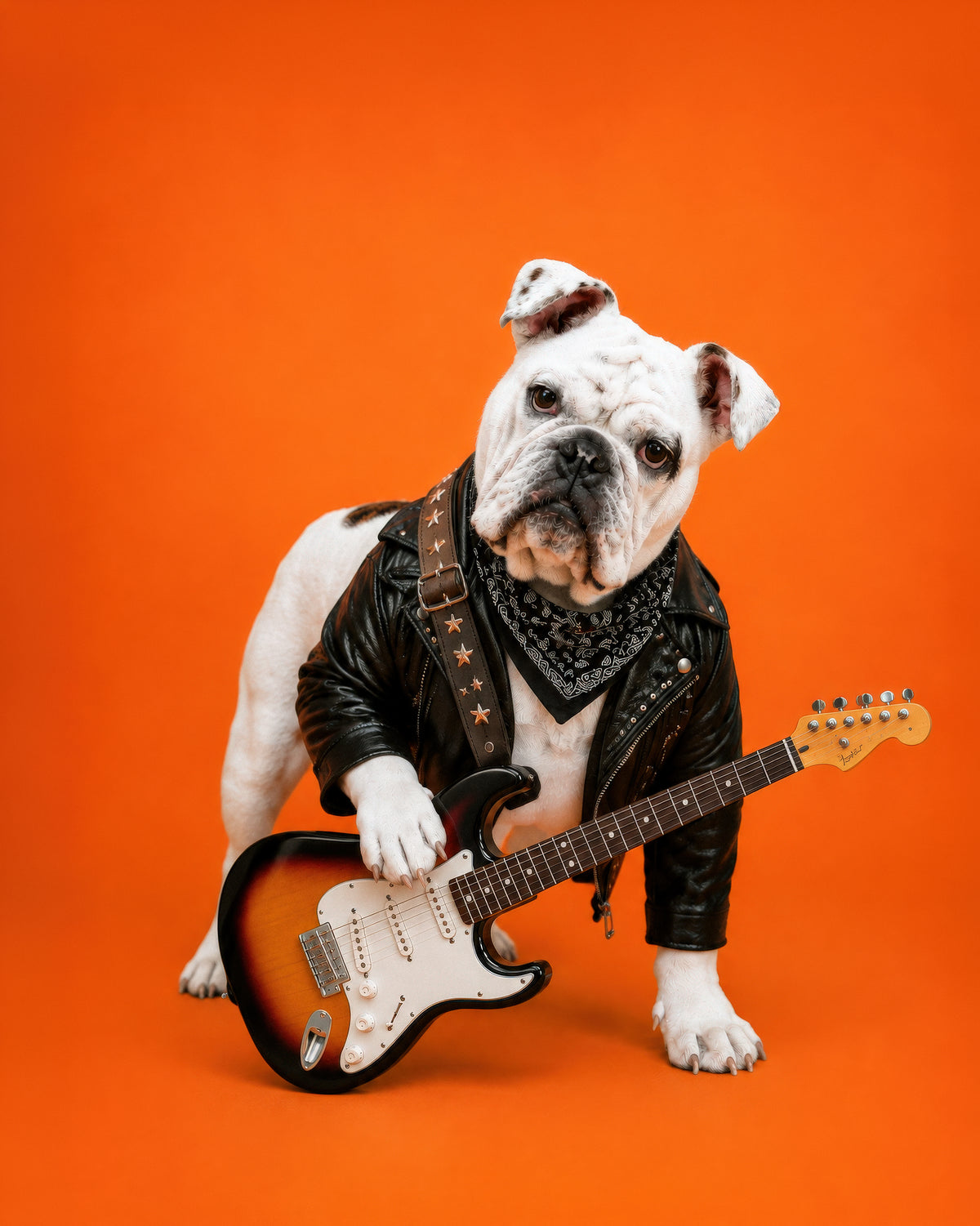A white and black bulldog dressed in a black leather jacket and bandana, holding a miniature sunburst electric guitar against a solid orange background.