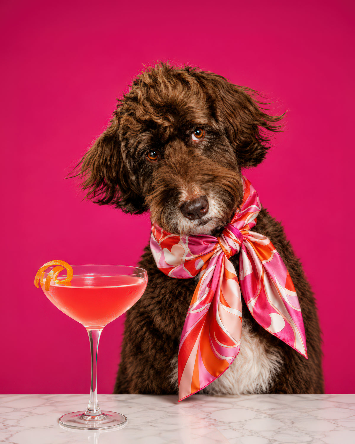 A brown curly-haired dog wearing a pink, orange, and white patterned silk scarf, sitting behind a pink cocktail in a coupe glass on a white marble surface against a solid pink background.