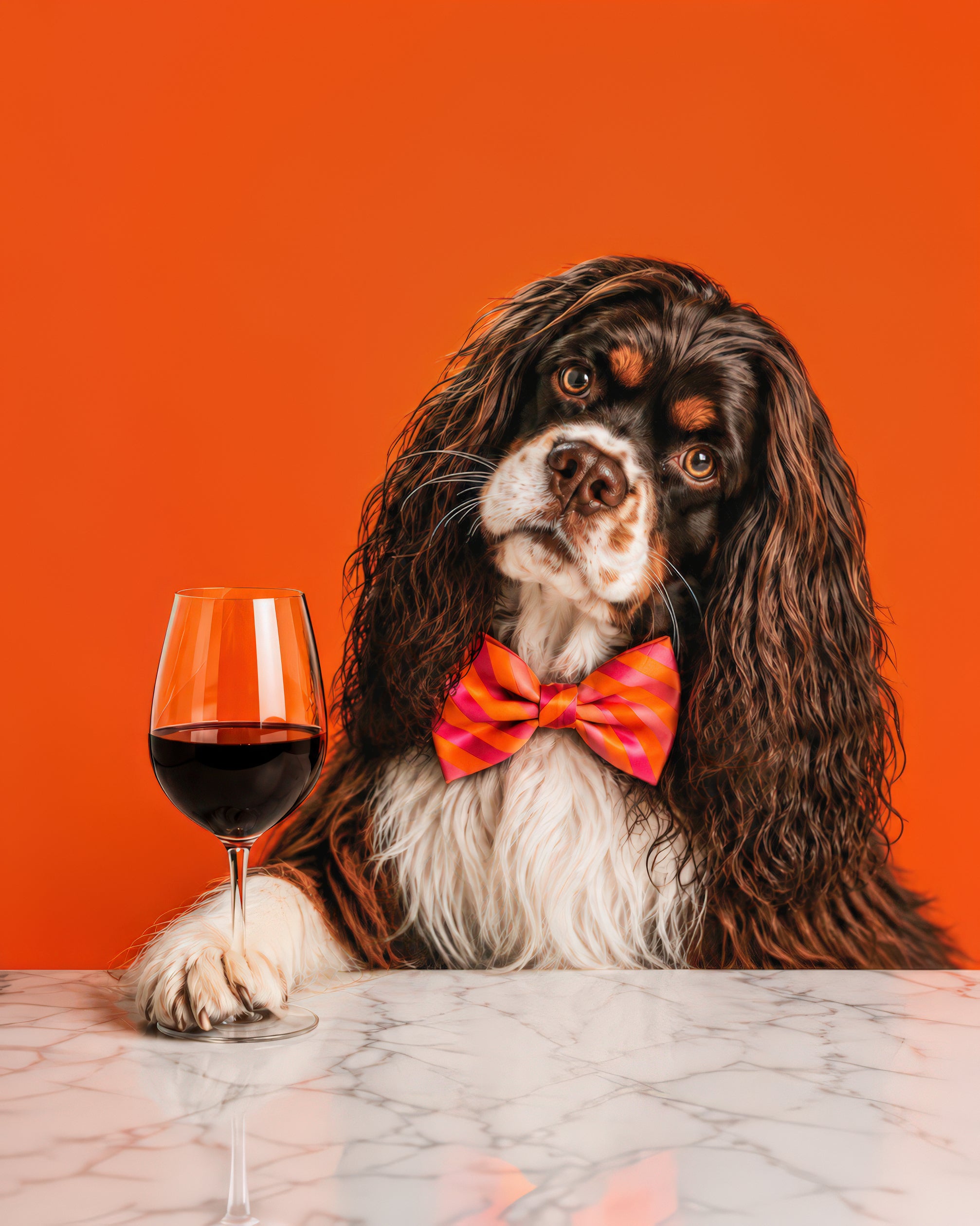 Photorealistic custom pet portrait of a Cavalier King Charles Spaniel wearing a bow tie beside a glass of red wine