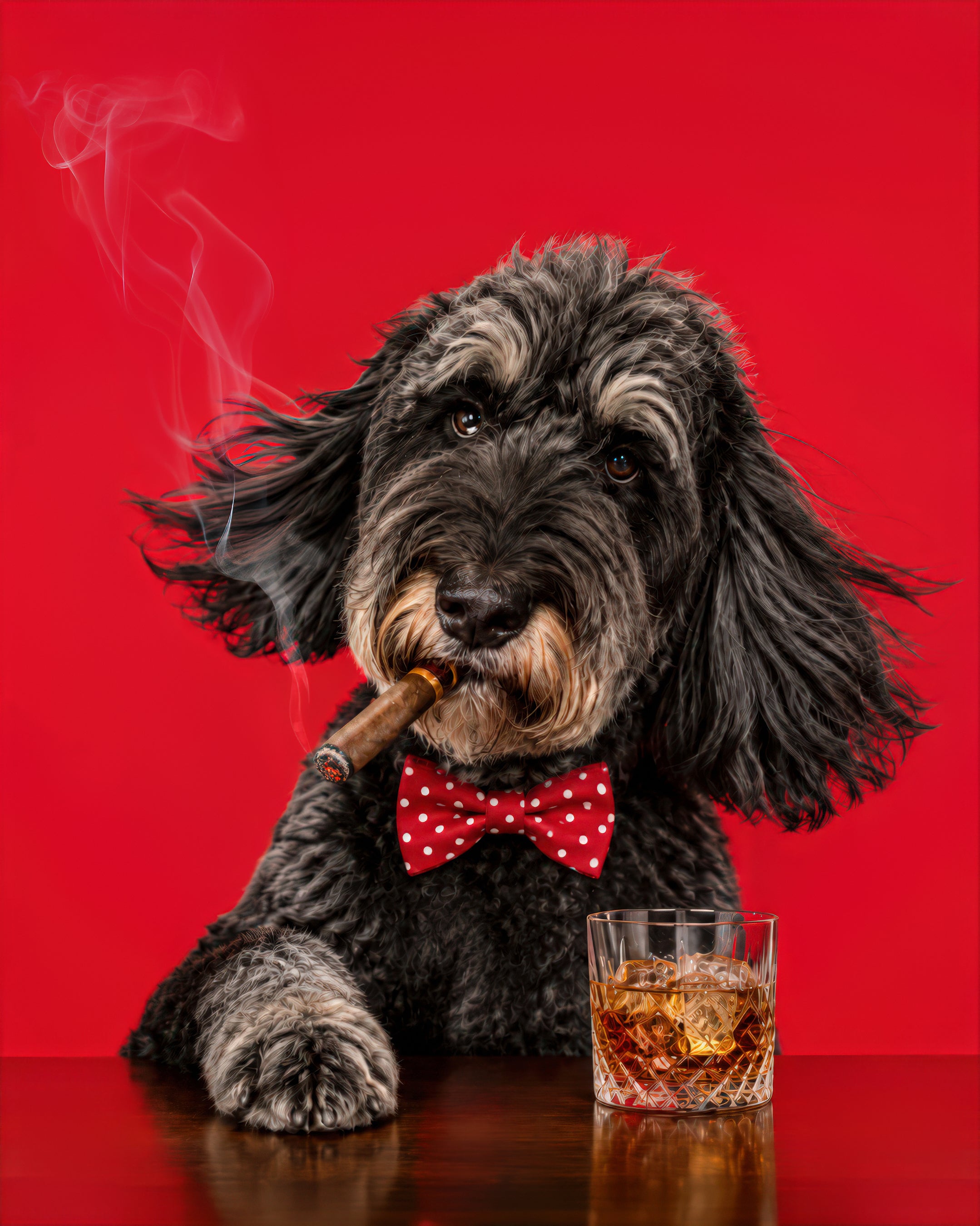 Photorealistic custom pet portrait of a shaggy black dog in a red polka dot bow tie with a cigar and amber drink glass