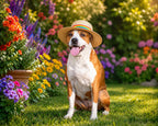 Custom pet portrait of a happy dog wearing a rainbow hat in a colorful garden from Paws with Pride