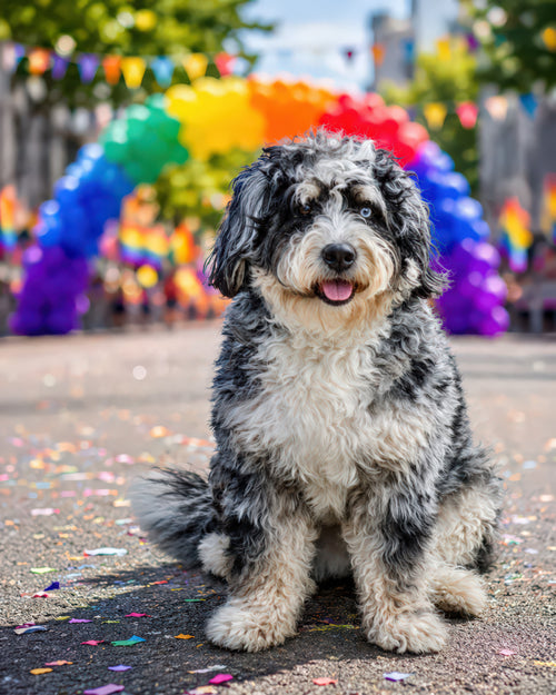 Fluffy black and white dog sitting beneath a rainbow arch at a Pride celebration Paws with Pride custom pet portrait