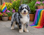 Paws with Pride custom pet portrait of a joyful black and white dog beside rainbow flags and colorful garden flowers