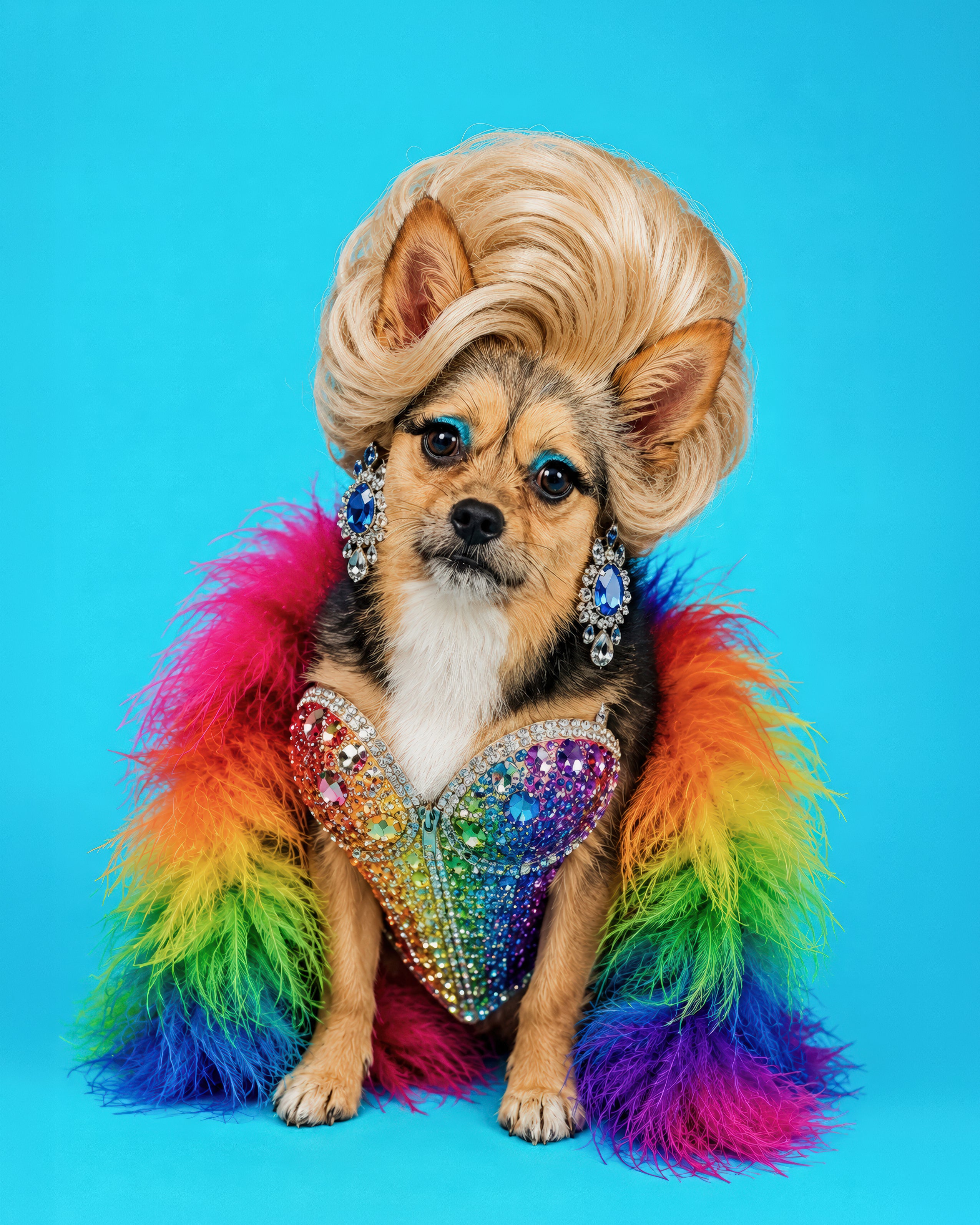 Paws with Pride custom pet portrait of a small dog with a blonde bouffant hairstyle in a jeweled rainbow feather cape