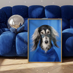 Framed personalized pet art of a black and white long haired dog wearing sunglasses and a blue sweater in a stylish blue room