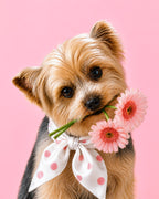 Custom pet portrait of a Yorkshire terrier holding pink flowers with a polka dot bow against a soft pink background