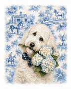 Custom pet portrait of a fluffy white dog holding blue and white hydrangeas with a blue equestrian countryside background
