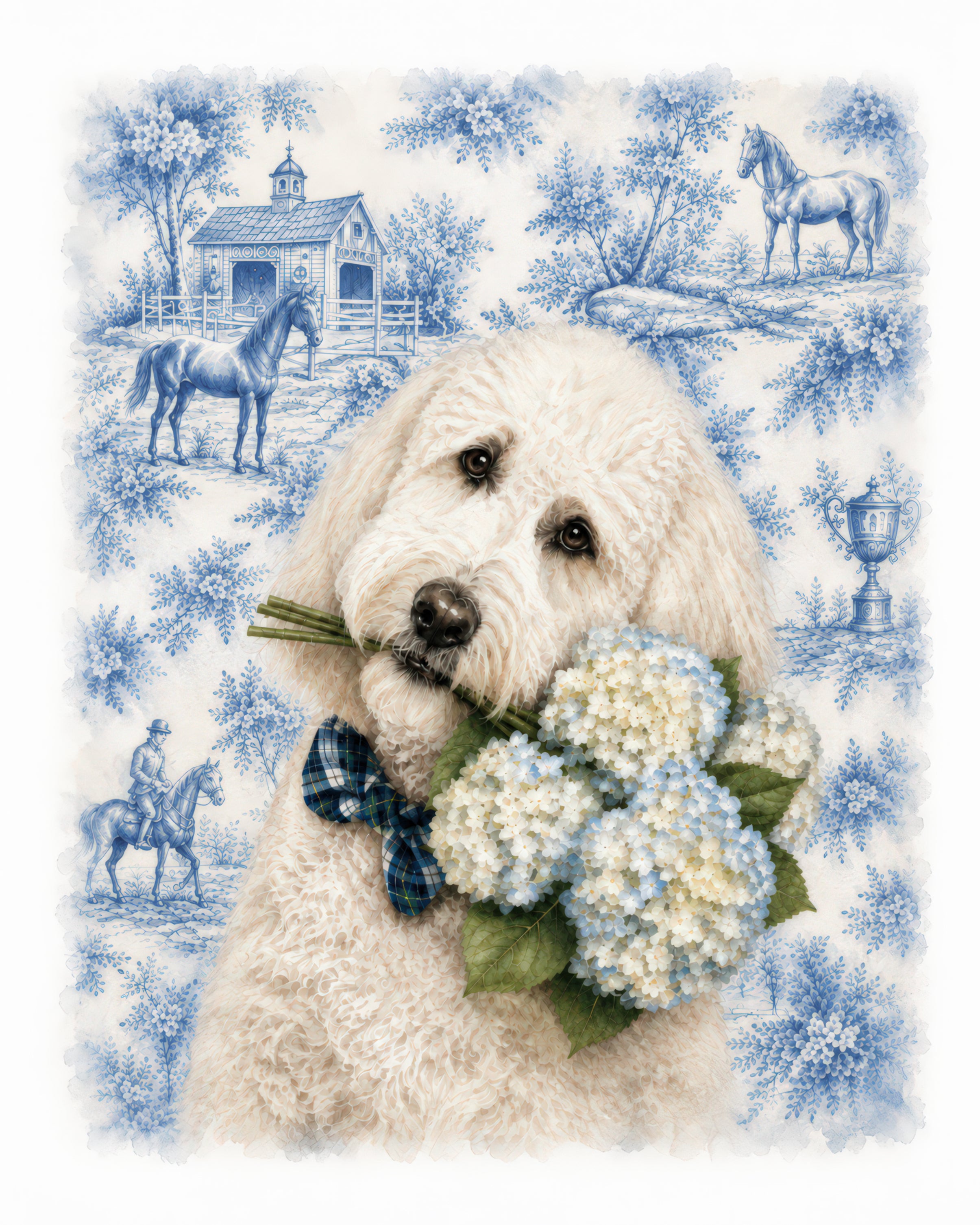 Custom pet portrait of a fluffy white dog holding blue and white hydrangeas with a blue equestrian countryside background