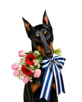 Custom pet portrait of a Doberman with a colorful floral bouquet and blue and white striped bow personalized pet art