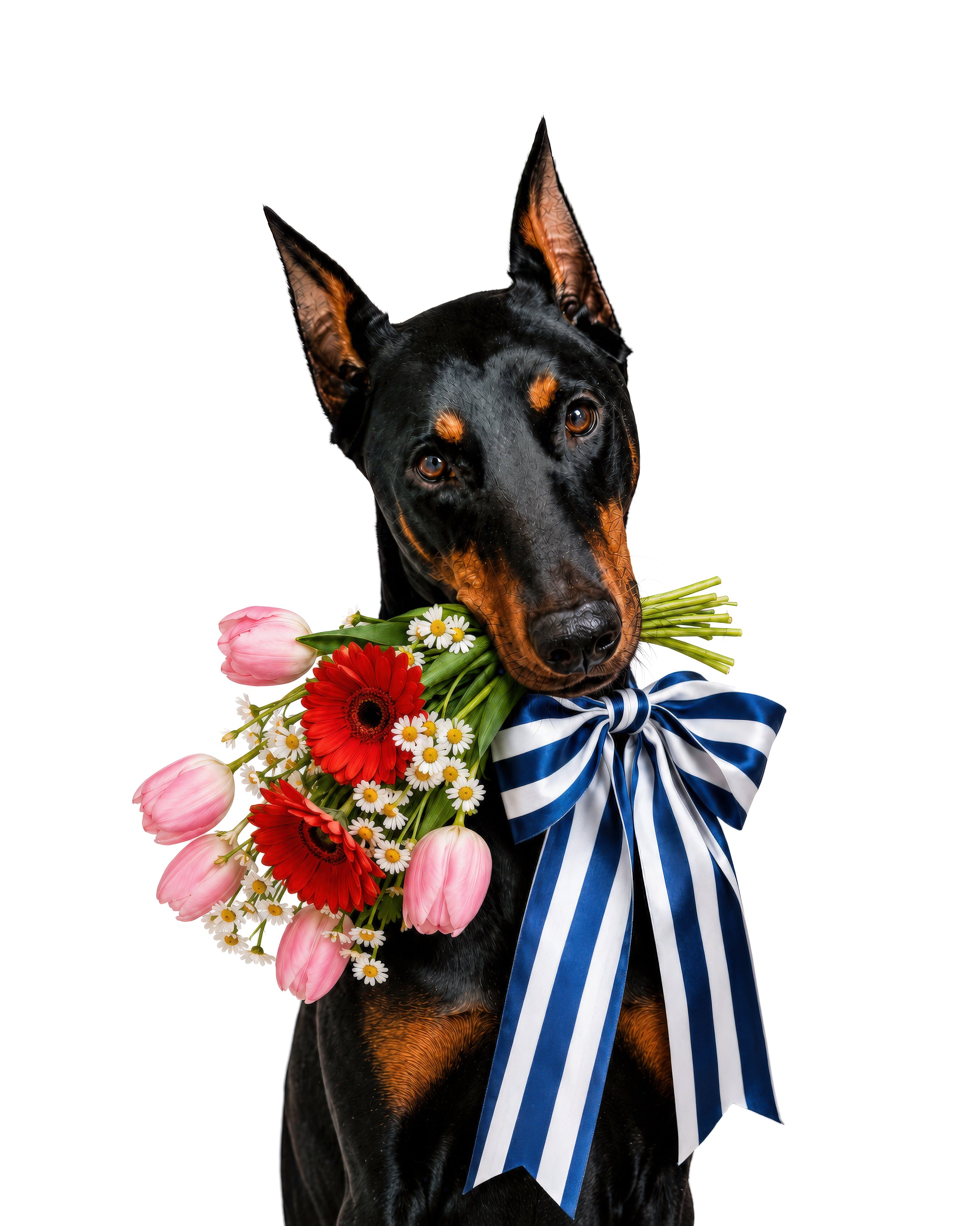 Custom pet portrait of a Doberman with a colorful floral bouquet and blue and white striped bow personalized pet art