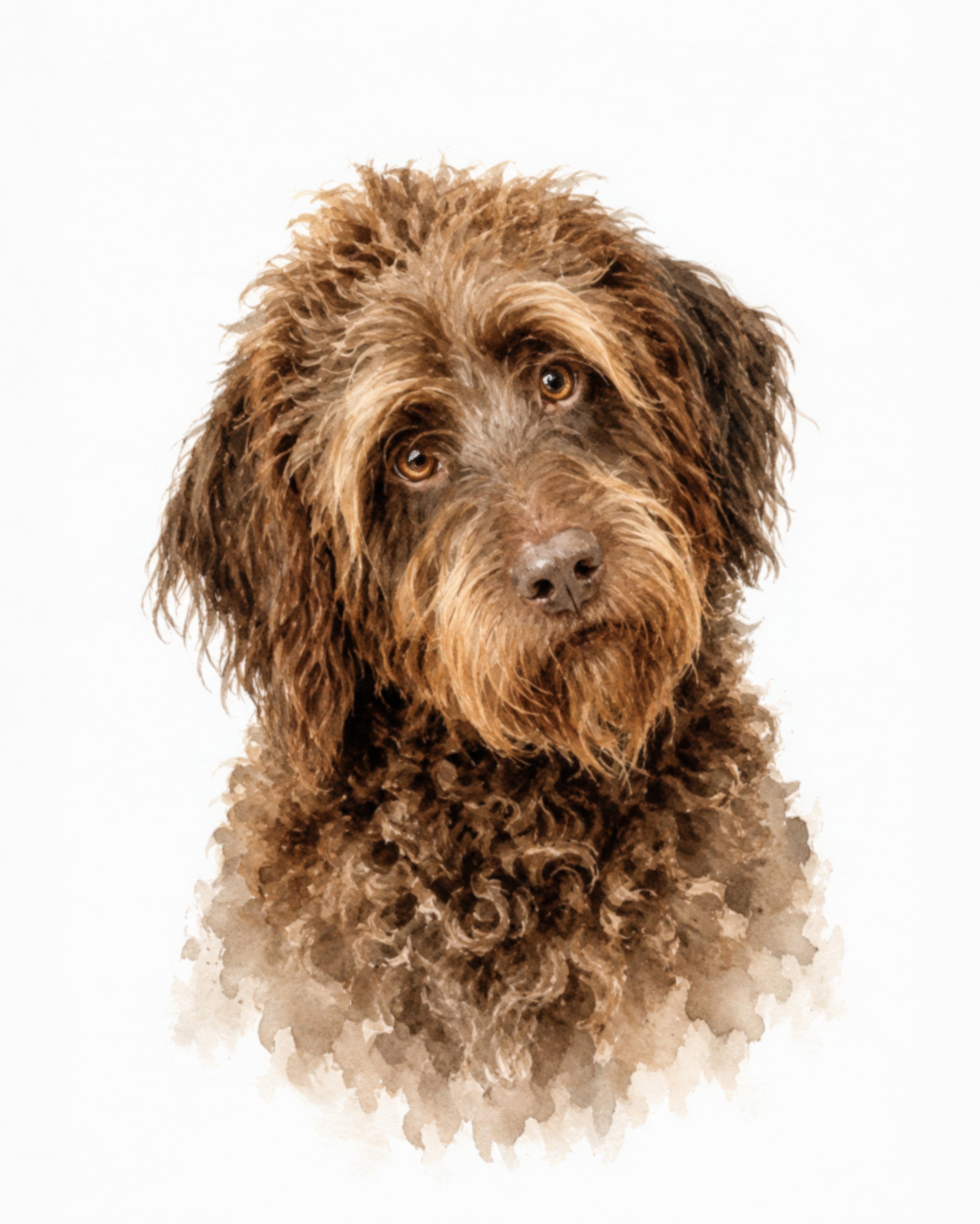 Illustrative custom pet portrait of a shaggy brown curly haired dog with warm eyes on a white background