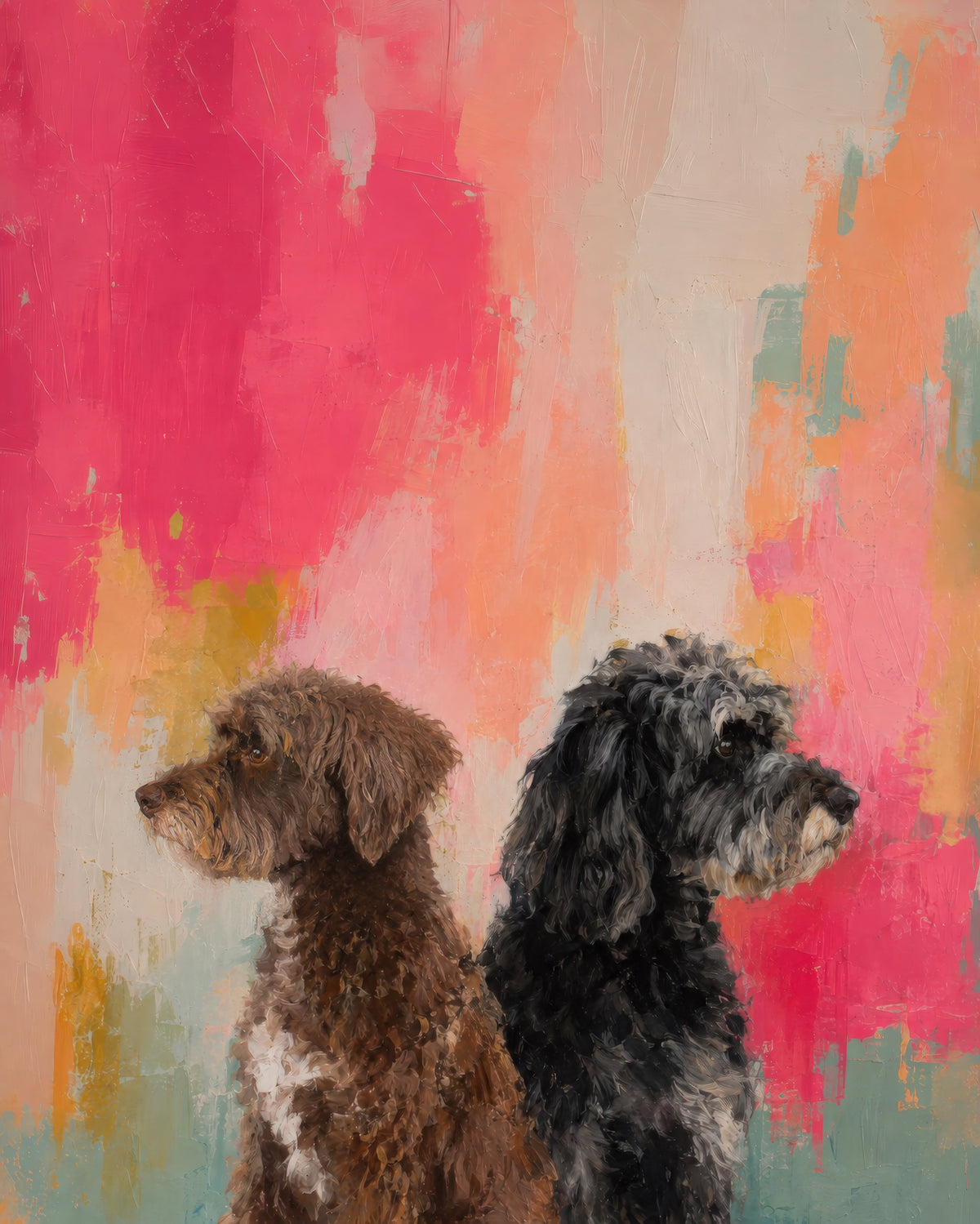 Custom pet portrait of two curly haired dogs sitting back to back against a vibrant abstract painted background