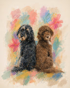 Custom pet portrait of two shaggy dogs seated together against a colorful painterly floral background