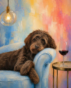 Custom pet portrait of a shaggy brown dog resting on a blue sofa beside a glowing pendant light and wine glass in a colorful room
